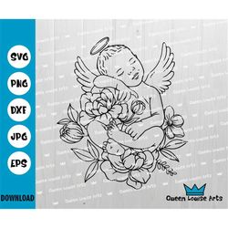 sleeping angel, child loss memorial svg, little baby angel svg, angel wings svg,flowers child svg silhouette, cricut fil