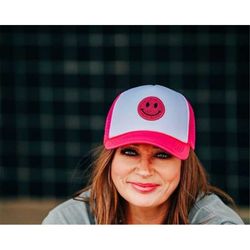 hot pink happy trucker hat trendy trucker hat bachelorette trucker hat cute cap for women lake hat beach hat retro truck