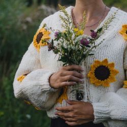 cardigan and sweater - sunflower cardigan - sunflower knitwear cropped clothing - oversized cardigan, bulky knit sweater