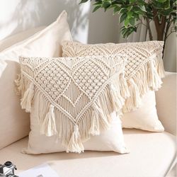 macrame handmade knit cotton cushion cover abstract pattern 16 x 16 inch in off white color