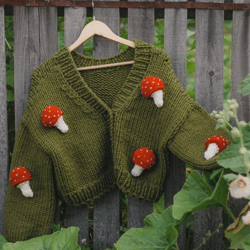 mushroom cardigan, embroidered cardigan, oversized cardigan, chunky knit cardigan, bulky knit sweater, handmade cardigan