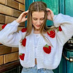 cardigan and sweater - strawberry cardigan - strawberry pullover - fruity knitwear - strawberry patch - plus oversized o