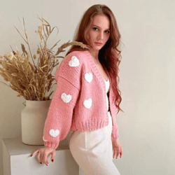 massive cardigan with hearts | women's handmade sweater | knitted jacket with hearts | voluminous cardigan with hearts