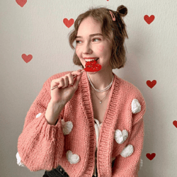 massive cardigan with hearts | women's handmade sweater | knitted jacket with hearts | voluminous cardigan with hearts