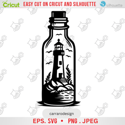 lighthouse in bottle svg, lighthouse silhouette, summer svg, sea, tower ocean, pirate, architecture png, cut files