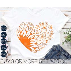 fall leaves heart svg, sunflower svg, pumpkin svg, fall shirt, halloween, thanksgiving, png, files for cricut, sublimati