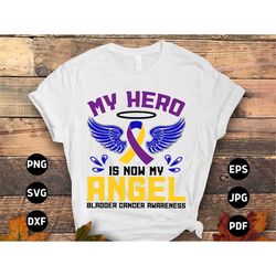 bladder cancer awareness svg png, my hero is now my angel svg, bladder cancer memorial ribbon support svg cricut file su