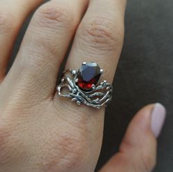 garnet silver ring, handmade woodstyle ring