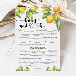 baby mad libs lemon baby shower game, citrus baby shower baby mad libs game, fun baby mad libs summer baby shower game