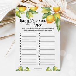 baby name race lemon baby shower game, citrus baby shower abc name race game, summer baby shower abc baby name race game