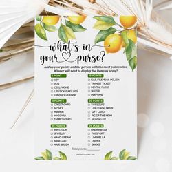 what's in your purse lemon baby shower game, citrus baby shower what is in your purse game, summer baby shower game