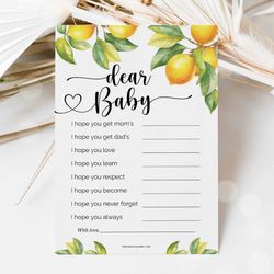 best wishes for baby lemon baby shower game, citrus baby shower dear baby advice and wishes, summer baby shower game