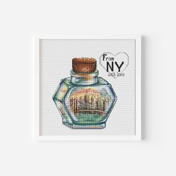 new york cross stitch pattern pdf, brooklyn bridge art glass jar wall decor manhattan bridge embroidery instant download