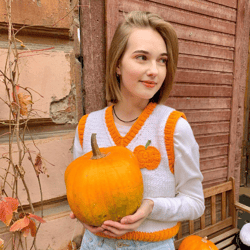 pumpkin vest, vest with pumpkin, handmade vest, knitted vest for women, voluminous knitted vest, autumn ohalloween gift