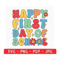 happy first day of school png, happy first day groovy png, back to school png, gift for teacher students, teacher apprec