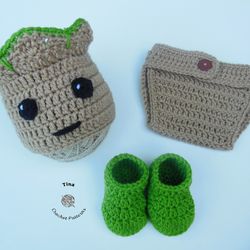 crochet pattern - groot hat, diaper cover and booties set | crochet baby halloween costume | sizes newborn - 12 months