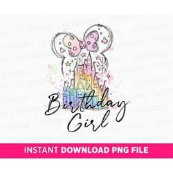 watercolor birthday girl png, watercolor castle png, mouse ear with bow, magical kingdom png, birthday party, png file f