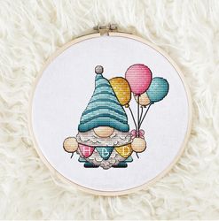 gnome with balloons cross stitch