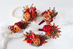 set of rust red burgundy flower accessories wedding hair combs boutonniere buttonhole groom groomsmen wrist corsage