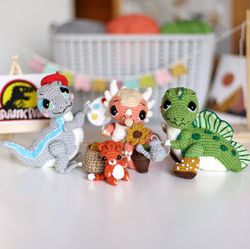 3 in 1 crochet pattern dinosaurs 4, pdf digital download, diy amigurumi toy, velociraptor, stygimoloch, spinosaurus