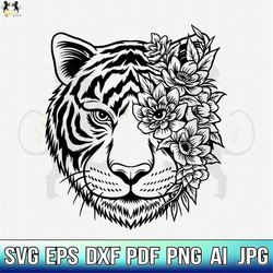 Tiger With Flowers Svg, Tiger Svg, Tiger Flower Svg, Tiger Head Svg, Tiger Clipart, Tiger Cricut, Tiger Cut file, Tiger