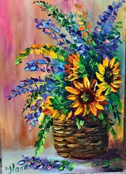 flowers in a basket, oil painting, still life. original painting in large strokes with a palette knife.