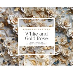 3d white and gold roses floral seamless patterns - 3d white and gold roses flowers digital paper, journaling, seamless p