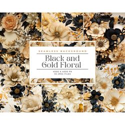 black gold floral digital paper, seamless pattern, gold black floral pattern, sublimation, journaling, watercolor seamle