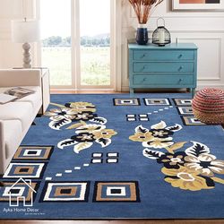 floral blue hand tufted round woolen rug handmade rug for hall & bedroom area rug customize size available