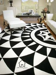 floral black & white hand tufted round woolen rug handmade rug for hall & bedroom area rug customize size available