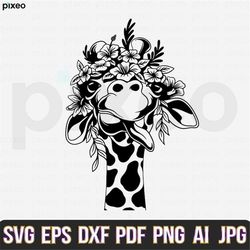 giraffe with flowers svg, giraffe svg, giraffe flower svg, giraffe head svg, giraffe clipart, giraffe cricut, giraffe cu