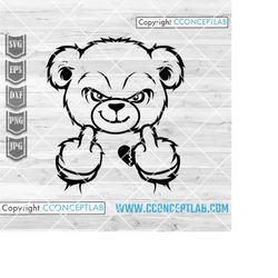 teddy middle finger svg | teddy bear clipart | hipster grizzly dxf | gangster teddy cutfile | bad mafia bear stencil | f