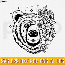 bear with flowers svg, bear svg, bear flower svg, bear head svg, bear clipart, bear cricut, bear cut file, bear shirt, b