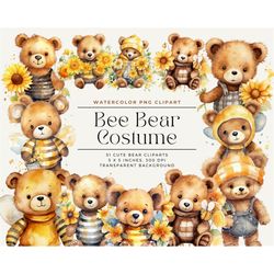 bee bear costume and flowers watercolor clipart, honey bear graphic png, nursery art, bear png, digital product, commerc
