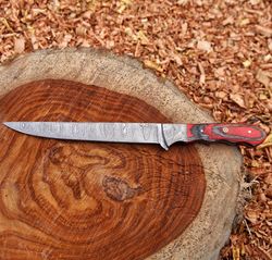 hand forged damascus fillet knife for fishing with leather sheath exotic red pakka wood