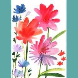 red blue watercolor flowers painting sketch art print. watercolor wildflowers printable