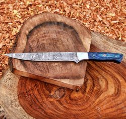 hand forged damascus fillet knife for fishing with leather sheath exotic blue pakka wood