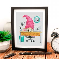 office female, gnome cross stitch, modern cross stitch, counted cross stitch, office decor