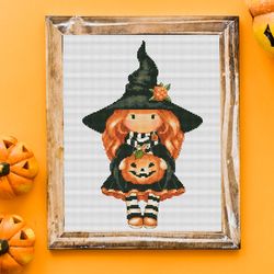 witch, doll cross stitch, gnome cross stitch, pumpkin cross stitch, witch cross stitch