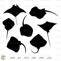 sea stingray svg, sea stingray silhouette, sea stingray stencil templates dxf, clipart png, decals