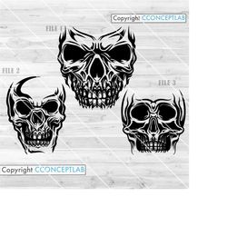 3 skull svg bundle | skeletal head clipart | skeleton man stencil | day of the dead cut file | la muerta t-shirt design