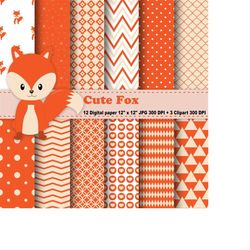 fox digital paper, fox clipart, hearts, polka dot, chevron, orange, yellow, background, pattern, clip art, instant downl