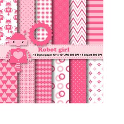 robot girl digital paper, robot clipart, girls clipart, baby girl, invitation, gears, chevron,  background, pattern, cli