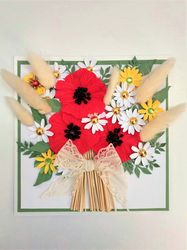 "meadow bouquet" greeting card, handmade greeting card, birthday card, 3d flower greeting card, poppy and daisy card