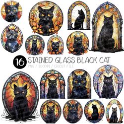 stained glass black cat png | halloween, glass art, mosaic, fallen leaves, flowers, autumn, round frame, arched, rainbow