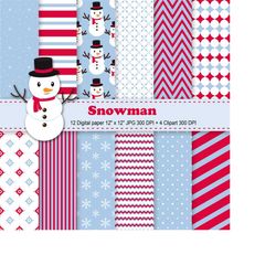 snowman digital paper, snowman clipart, christmas digital paper, snowman scrapbook, snowman pattern, holiday, snowflakes