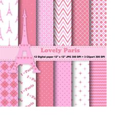 paris digital paper, paris clipart, hearts, eiffel tower , chevron, pink, hot pink, background, pattern, clipart, printa