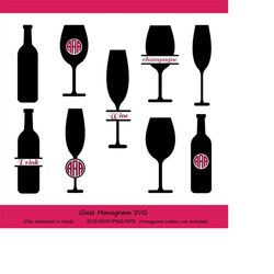 wine glass svg, wine svg, wine glass monogram svg, bottle svg, wine bottle svg, silhouette files, cricut files, svg, vec