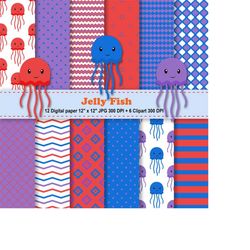 jelly fish digital paper, jelly fish clipart, sea animals digital paper, sea digital paper, background, pattern, scrapbo