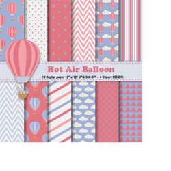 hot air balloons digital paper, hot air balloons clipart, vintage air balloons, scrapbook papers, chevron, polka dots, b